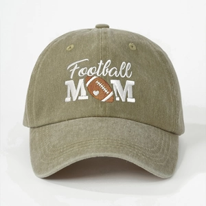 Detailed close-up of embroidered Football MOM text and icon on vintage baseball cap