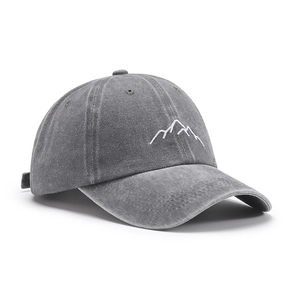 Gorra de béisbol unisex de algodón lavado gris oscuro con diseño de logo de montaña bordado