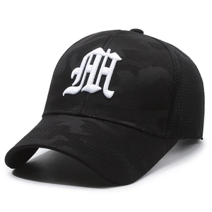 Men's black camo baseball cap with 3D gothic embroidery and breathable summer mesh back