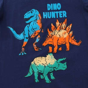 Navy blue cotton t-shirt for kids featuring a colorful Dino Hunter dinosaur print