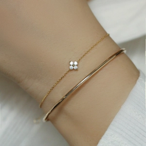 Minimalist S925 silver 14K gold plated clover bracelet with round diamond pendant for women