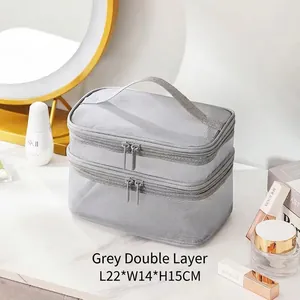 Double layer grey mesh makeup bag with handle and dual zippers for travel storage