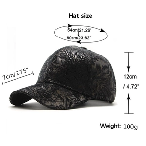Guide des tailles détaillé pour casquette de baseball noire avec motif de feuilles argent
