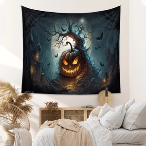 Detail of Halloween tapestry with jack-o'-lantern and castle hanging over bedroom bed