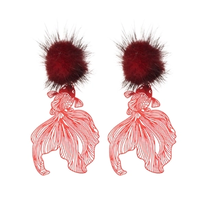 Red koi fish hollow earrings with plush pompom pendants in a New Chinese style