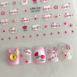 Detail of pink cat and tulip nail art stickers YO-019 showing application on nails