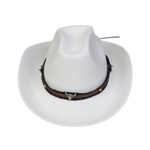 Detail of white wool cowboy hat featuring a brown leather band and silver bull skull stud