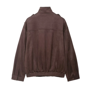 Back view of a dark brown suede bomber jacket with ribbed cuffs and stand collar