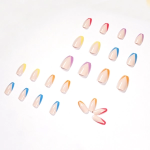 French V-tip press-on nails in rainbow colors with a nude base and almond shape