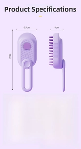 Detail view of purple pet steam brush made of durable ABS and TPR with size dimensions