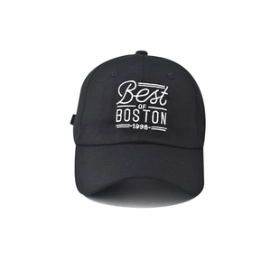 Close-up of white Best OF BOSTON 1998 embroidery on black cotton baseball cap