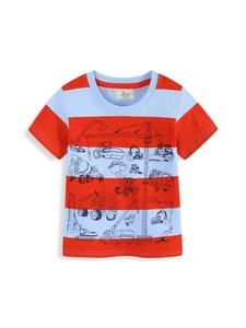 Kids orange and blue striped T-shirt featuring various black construction vehicle prints