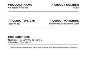 Detailed specifications of V-shape titanium steel necklace with length and width info