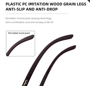 Detailed view of wood grain finish temple arms for retro men's sunglasses with UV protection