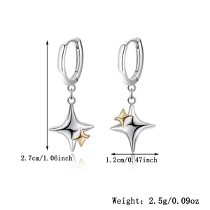 Detailed view of S925 sterling silver earrings with star pendant and size measurements