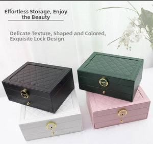 Quilted leather jewelry box collection with two layers and gold round metal lock