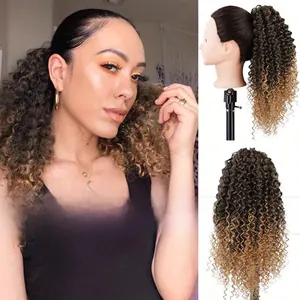 Detailed view of long kinky curly drawstring ponytail extension in dark brown to honey blonde
