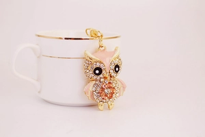 Detail of owl keychain with sparkling rhinestones and pink enamel on a gold metal base
