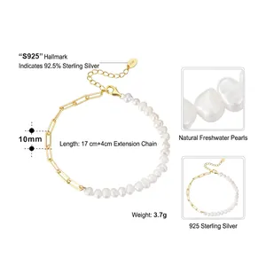 Bracciale in argento S925 con perle barocche e catena a graffetta, 17+4cm, peso 3,7g