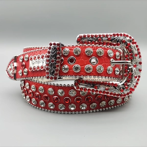 Macro shot of red faux-crocodile leather belt with vibrant rhinestones and silver buckle