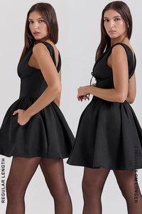 Comparison showing regular and 2 inches longer version of black satin mini dress