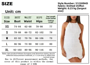 Detailed size chart for backless pleated bodycon dress with precise fabric parameters