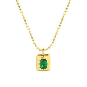 French style 18K gold plated bead chain necklace with oval green zircon pendant