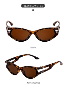 Detailed view of tortoiseshell oval sunglasses with hollowed-out temples from multiple angles