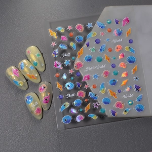 Detailed macro view of 3D iridescent shell and starfish nail art stickers on nails