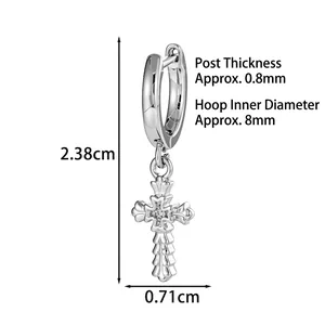 Boucle d'oreille croix minimaliste en argent pour hommes et femmes avec zircon serti