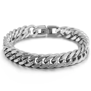 Mens silver stainless steel cuban link bracelet with secure box clasp hip hop style
