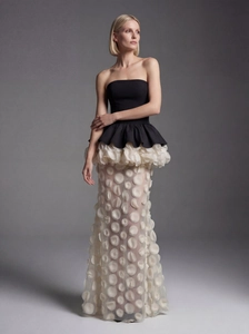 Elegant strapless black and white evening gown with 3D floral fishtail skirt design