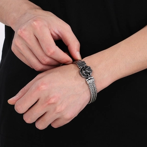 Vintage silver dragon head bracelet with woven bone chain in punk style for men