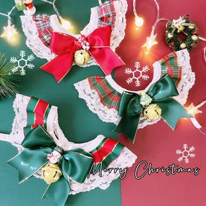Christmas Pet Collar Bib Polyester Lace Plaid Bow With Metal Bell For Dogs Cats Festive Costume Party Accessory