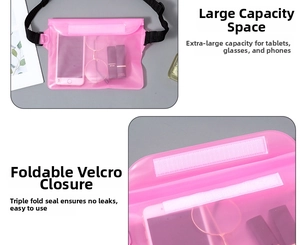 Pink large waterproof waist bag detail with triple fold seal and touch-screen PVC material