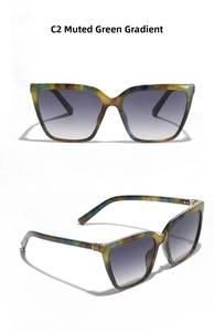 Macro shot of green tortoise square sunglasses with gold hinges and gradient lenses