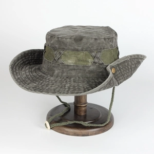 Detail of vintage grey-green sun hat with mesh ventilation belt and adjustable drawstring
