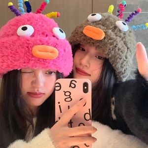 Funny Monster Plush Beanie Hat Faux Fur Cotton Knitted Big Eyes Colorful Antennas Cute Winter Warm Women