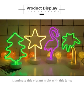 Group of LED neon night lights in tree, star, and flamingo shapes with round white bases