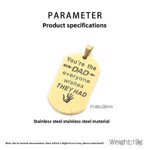Macro view of gold stainless steel DAD pendant showing dimensions 49x28mm and engraving