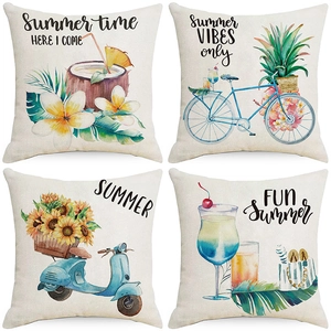 Set of four beige linen cushion covers with watercolor flower patterns and summer text