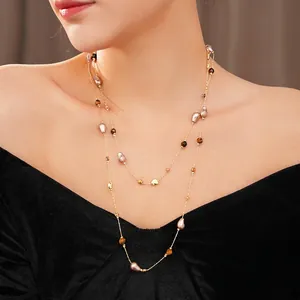 Collana A Strati Con Pietra Occhio Di Tigre Perla Artificiale Perline Di Vetro Catena Lunga Maglione Stile Francese Retrò Donne