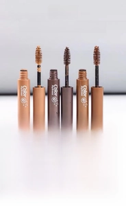 Detailed view of 4.8g waterproof eyebrow mascara with spiral brush heads in brown shades