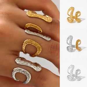 Stainless Steel Rings For Women Waterproof Non Tarnish Irregular Wave Texture Relief Adjustable Open Ring Fashion Jewelry