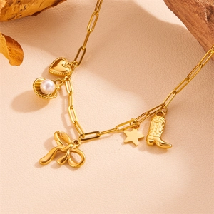 Golden titanium steel shell beach necklace with pearl heart and star charms for summer
