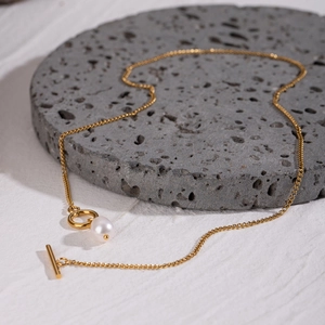 Gold stainless steel flat chain necklace with freshwater pearl and T-bar toggle clasp