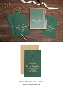 Vintage dark green greeting card with gold foil text and metallic rose charm detail