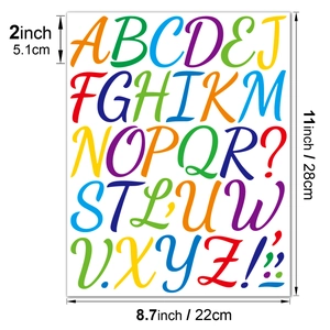 Detailed size guide showing 2-inch waterproof vinyl alphabet stickers and sheet dimensions