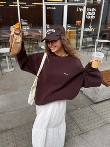 Sweat-Shirt En Coton Col Rond Pour Femmes Marron Maillard Broderie De Lettres Ample Pull Manches Longues Streetwear