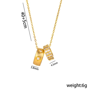 Titanium steel gold double ring pendant necklace with crystals, 40+5cm adjustable chain